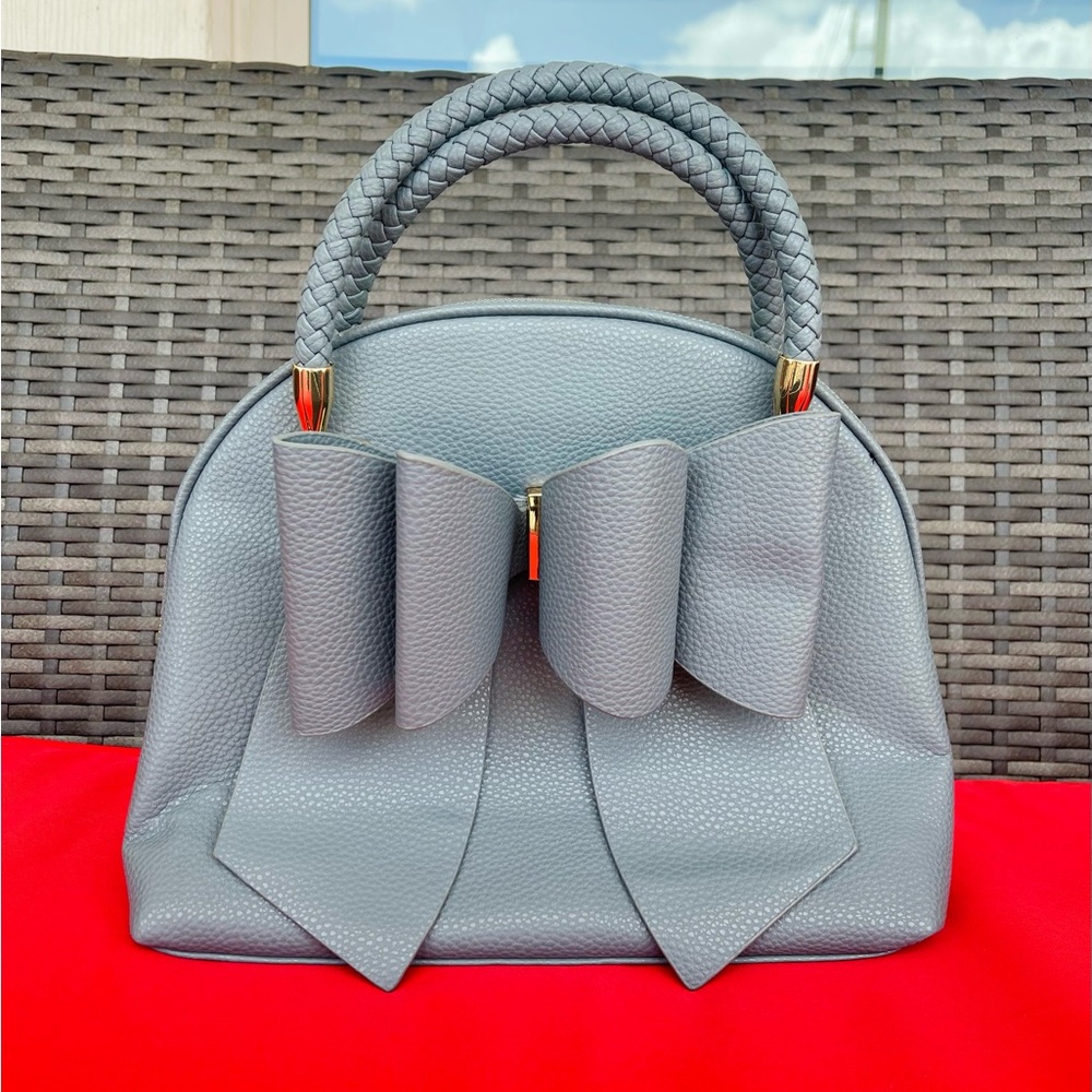 Gray Pebbled Satchel with Bow Accent